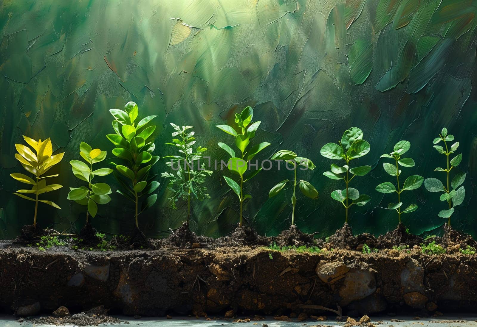 A beautiful painting depicting a row of terrestrial plants emerging from the ground in a natural landscape, showcasing trees, grass, groundcover, and flowering plants in a forest setting