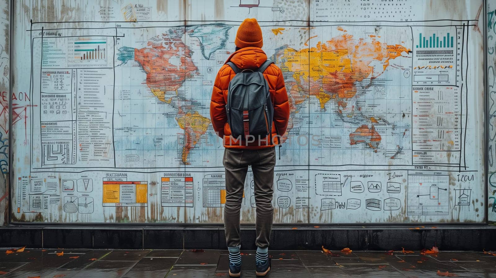 A pedestrian with a backpack stands in front of a world map display device, contemplating the art and patterns of different continents
