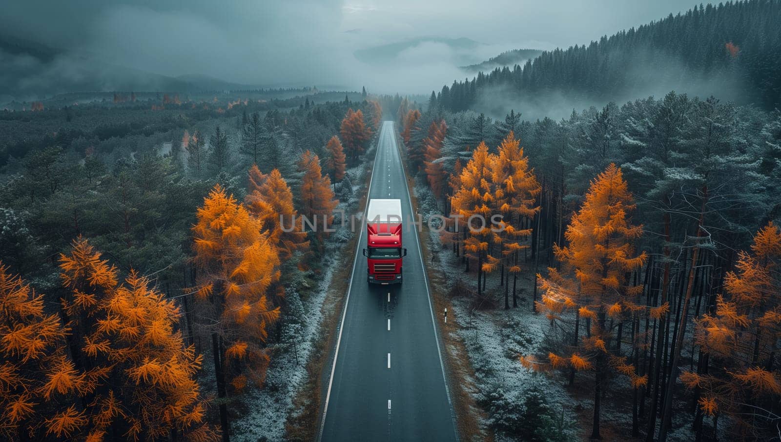 An aerial view of a vehicle driving on an asphalt road surrounded by trees in a natural landscape ecoregion, under a cloudy sky