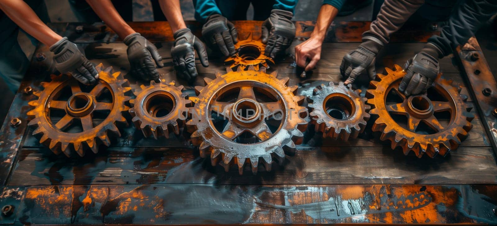 A group of individuals is collaborating on gears at a table, surrounded by automotive tires, bicycle parts, water, rims, and terrestrial plants, combining elements of art, engineering, and auto parts