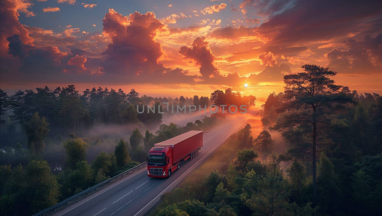 A vibrant red truck cruises down the highway at sunset under a colorful sky, with clouds creating a picturesque natural landscape