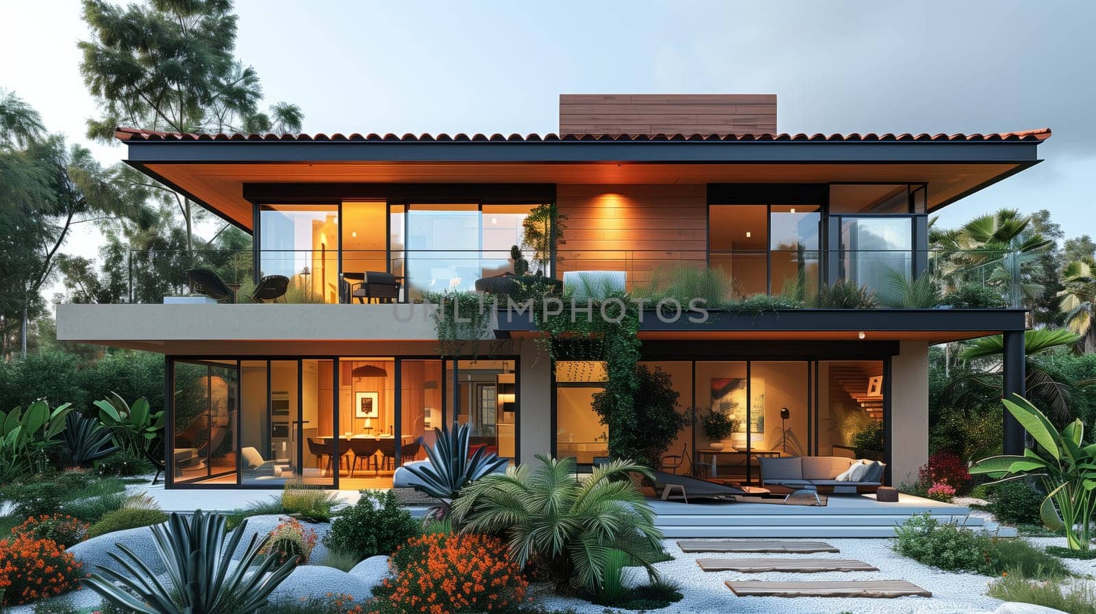 The house, made of brick, features a spacious porch and a beautiful facade. Surrounded by lush trees and colorful flowers, it stands out against the clear blue sky in the scenic landscape