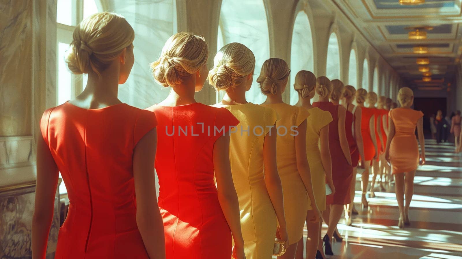 Women in vibrant red and yellow dresses stroll down the hallway by richwolf