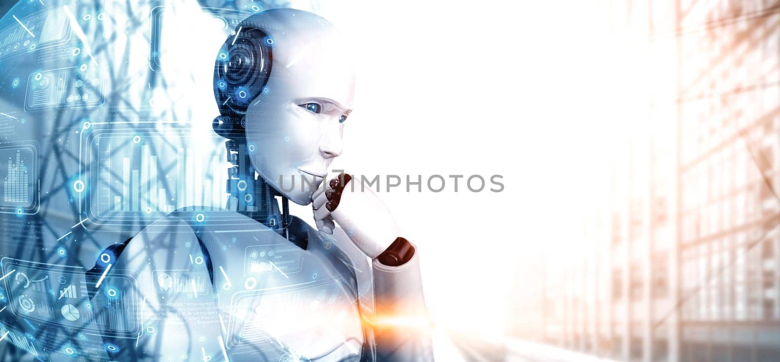 XAI 3d illustration Thinking AI humanoid robot analyzing information data in concept of artificial intelligence by machine learning process for 4th fourth industrial revolution. 3D illustration.