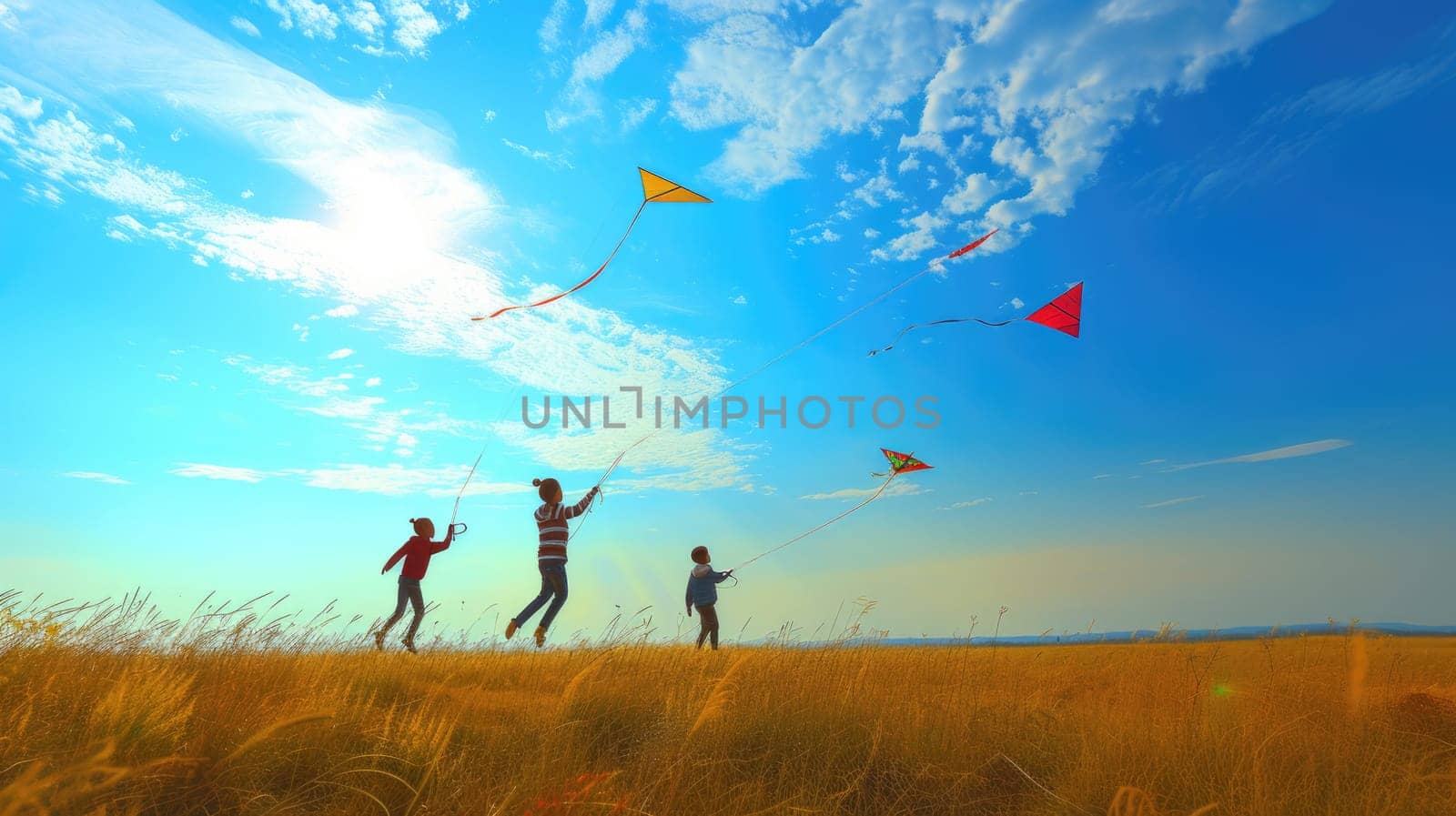 Kite flying in blue sky, cloud-filled atmosphere, over natural landscape AIG41 by biancoblue