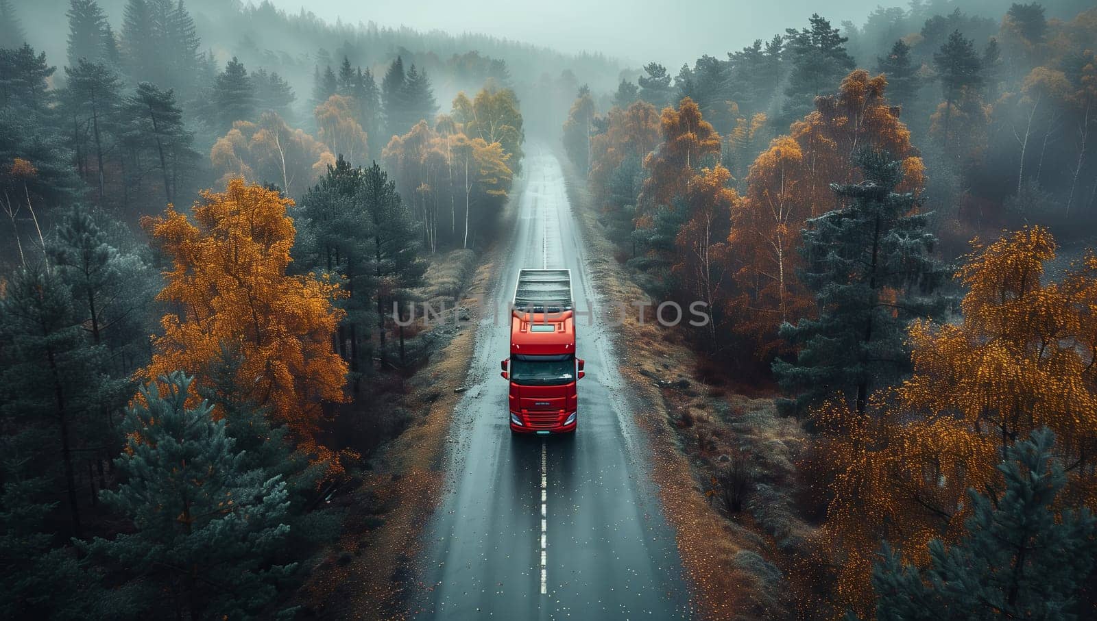 A red truck with illuminated automotive tail brake lights drives along an asphalt road through a wooded landscape, with trees reflected in the automotive mirrors