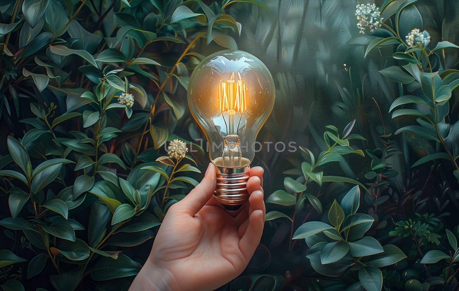 A person is holding a light bulb in front of a terrestrial plant, with their thumb pressing against the glass. The plant is surrounded by grass and soil, giving the scene a natural forestlike feel
