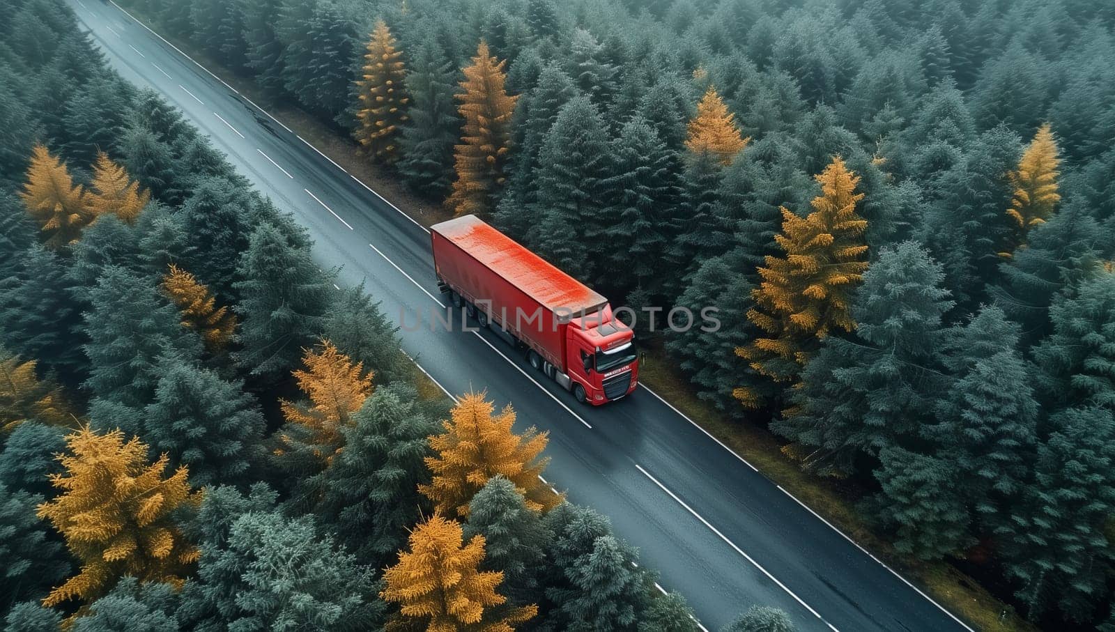 Red truck on asphalt road surrounded by trees from aerial view by richwolf