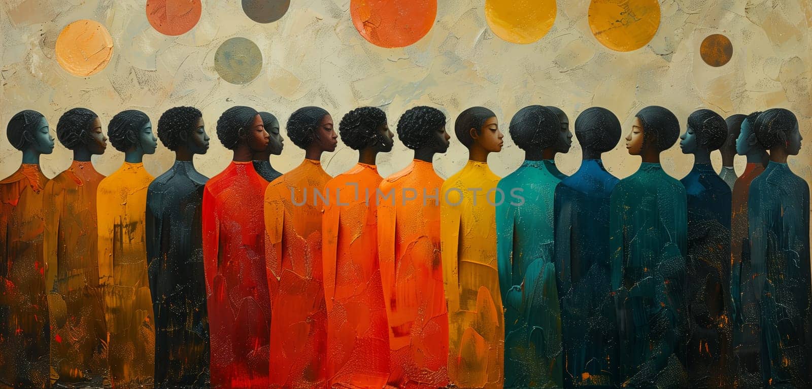 a painting of a group of people standing in a row in different colors by richwolf