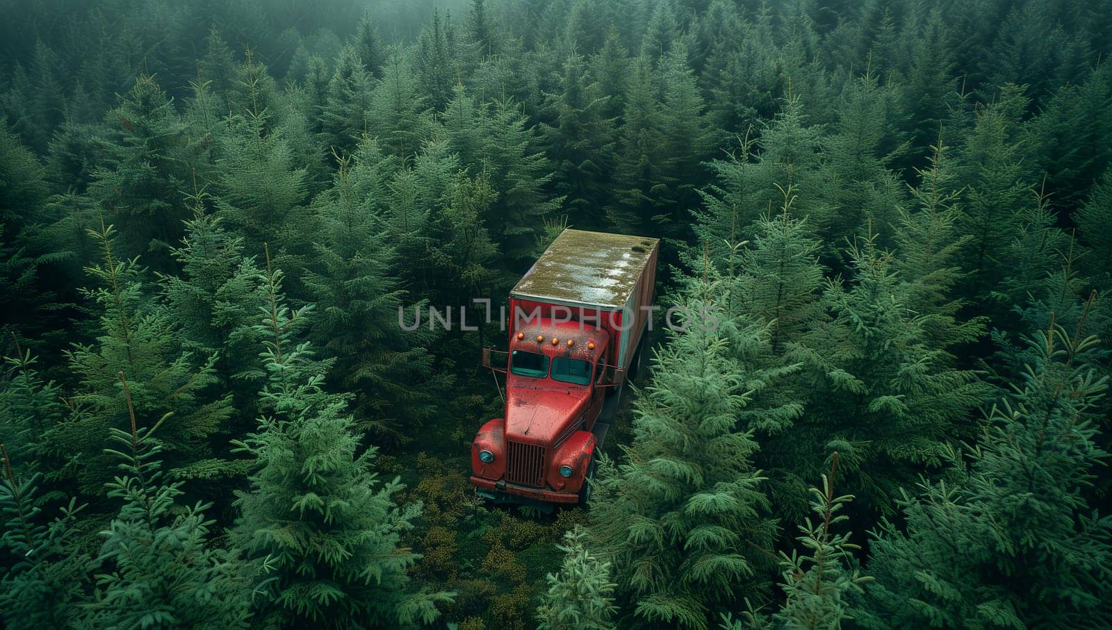 An aerial view of a red truck driving through a dense forest, surrounded by lush green trees, evergreen plants, and a natural landscape with a road and scattered houses