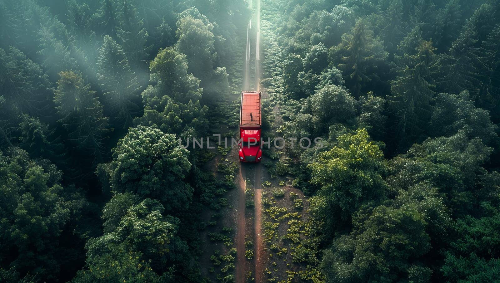 A red car is seen driving along a road surrounded by trees and greenery in a forest landscape