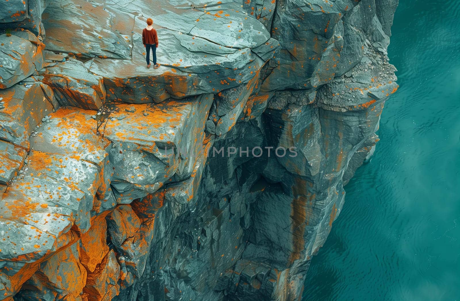 A man stands on the cliffs edge admiring the stunning natural landscape of water meeting bedrock, with outcrops of rock and wood scattered along the fault line