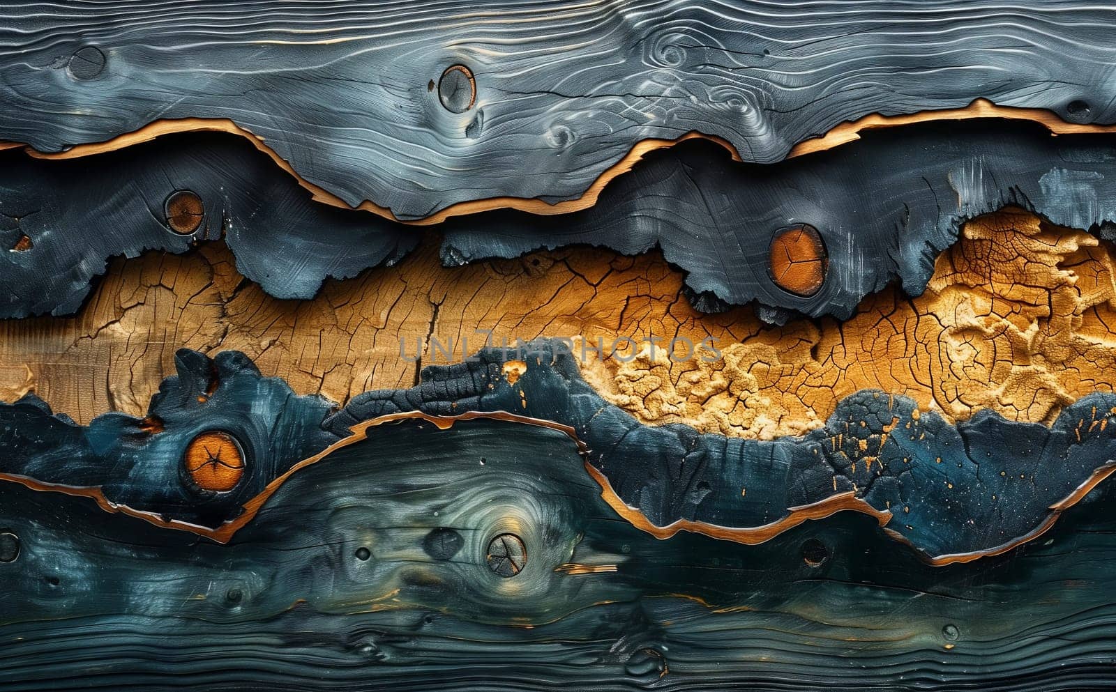A close up of a piece of wood displaying a painting of a natural landscape with electric blue waves and wind waves, featuring rocks and organisms in a fluid and dynamic composition