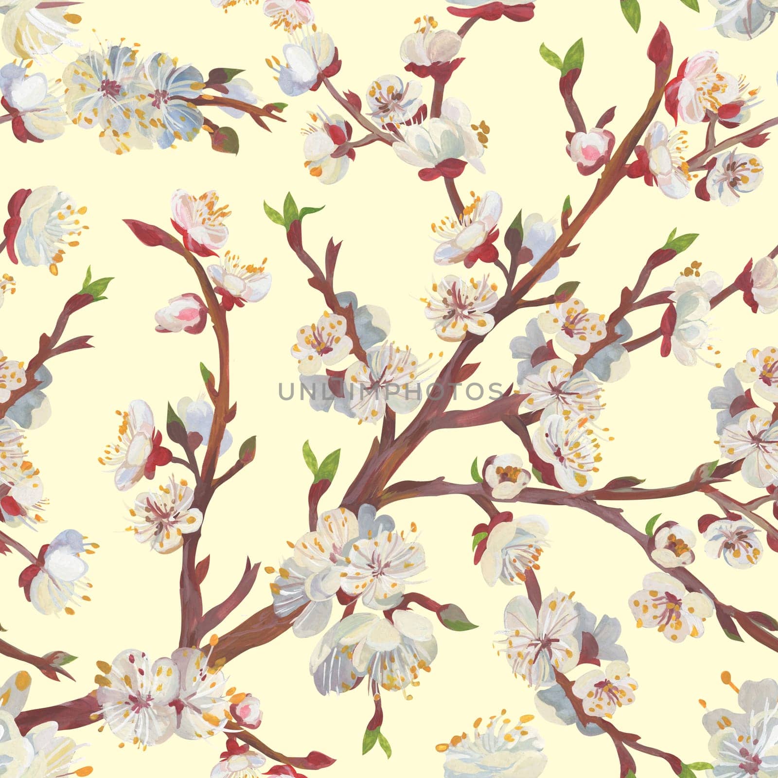 Sakura branches in a Seamless Asian oriental realistic pattern drawn for textile