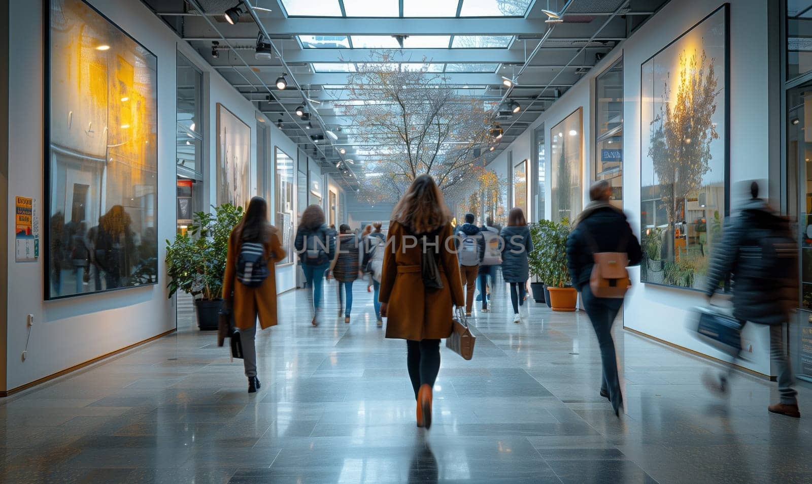 A group of pedestrians strolling through the museum building admiring the art fixtures and clean flooring, enjoying the symmetry and event in the city