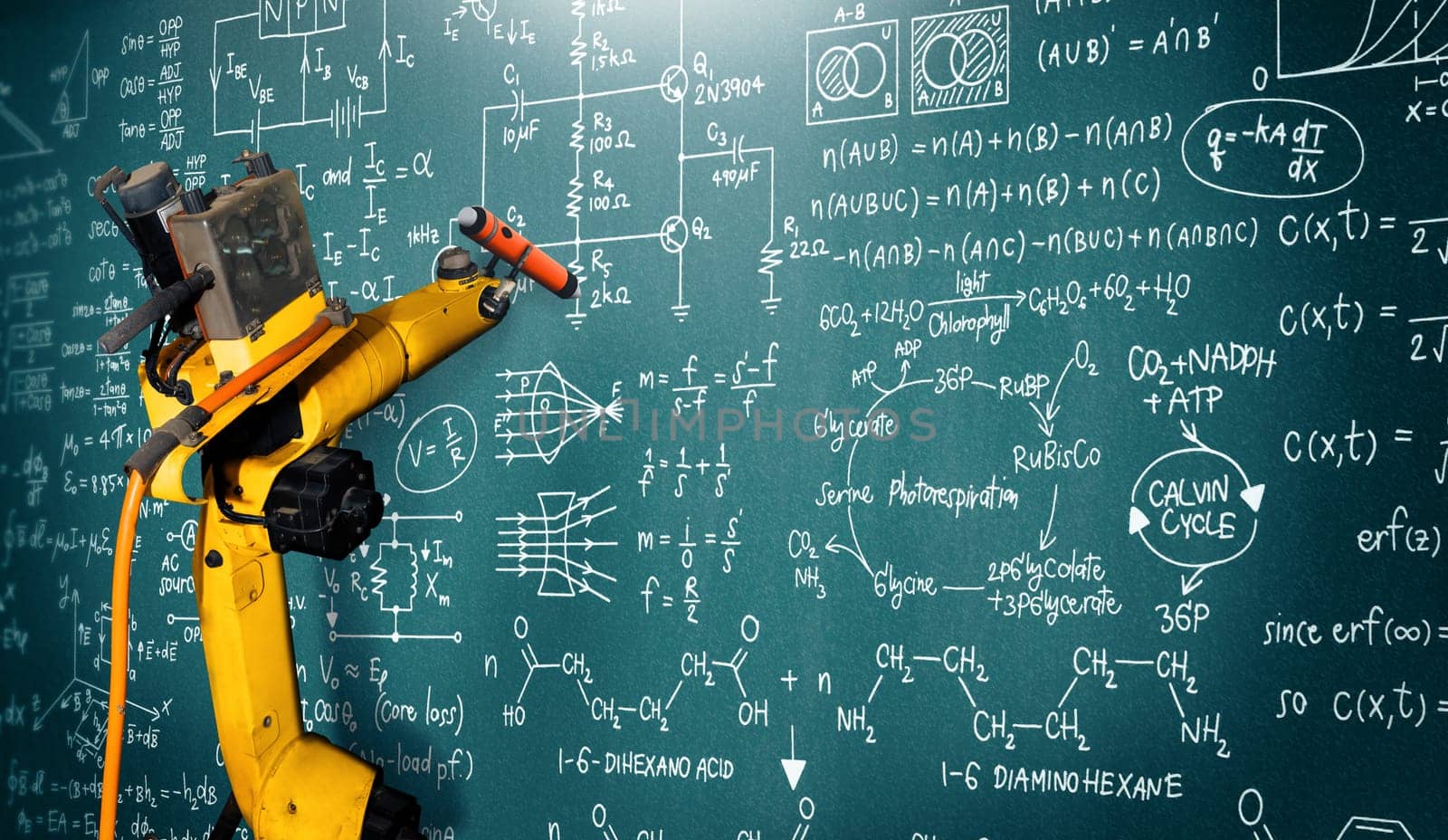 XAI Robot arm AI analyzing mathematics for mechanized industry problem solving. Concept of robotics technology and machine learning for automated manufacturing process.