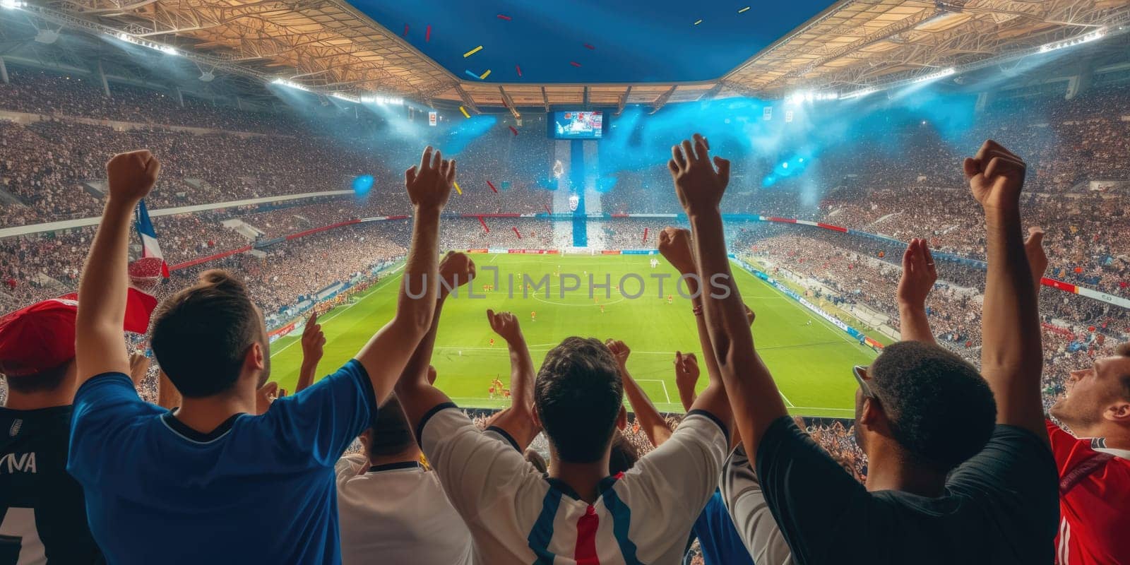 Fans excitedly gesture at thrilling football match in stadium AIG41 by biancoblue