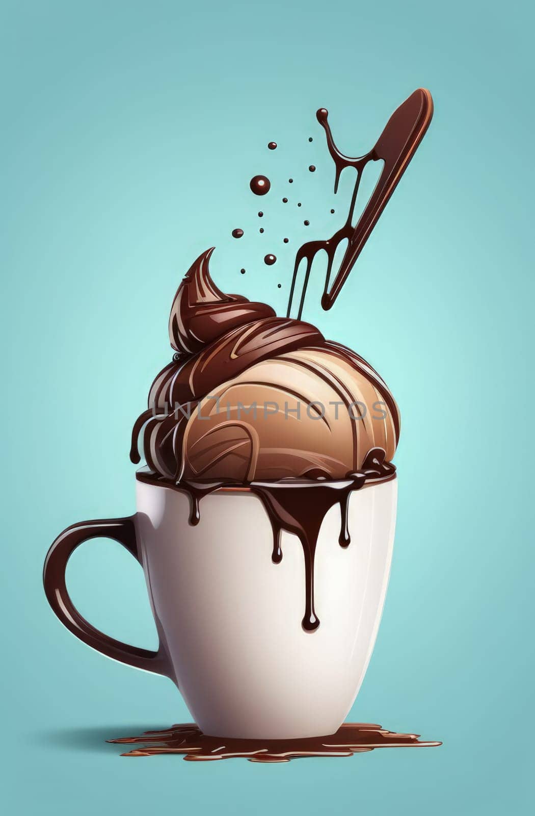 Luxurious and tempting process of pouring rich and creamy chocolate into cup with ice cream, coffee. For advertising, banner, relaxation, menu, dessert, culinary or cafe themed content. Copy space