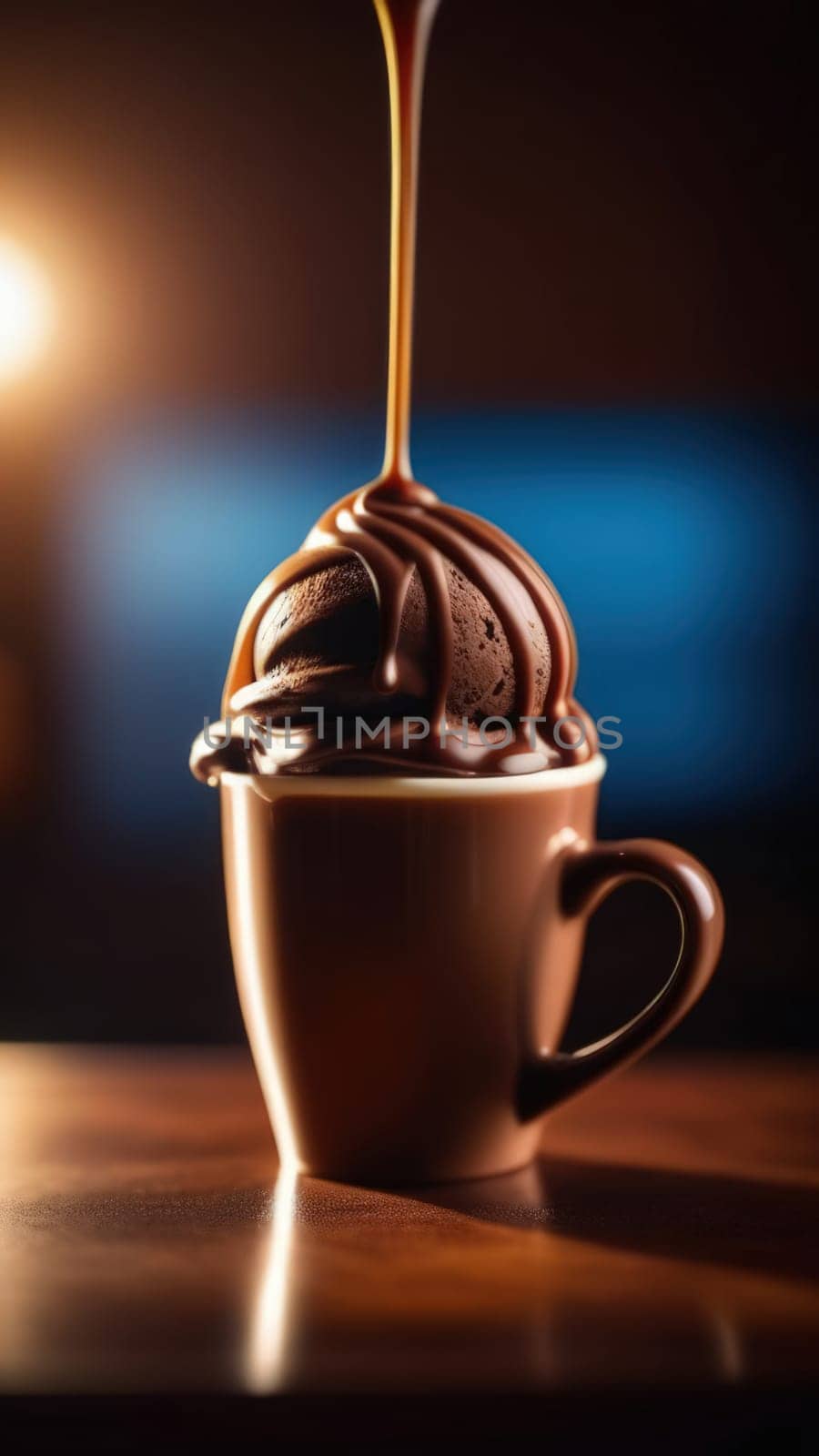 Luxurious and tempting process of pouring rich and creamy chocolate into cup with ice cream, coffee. For advertising, banner, relaxation, menu, dessert, culinary or cafe themed content. Copy space