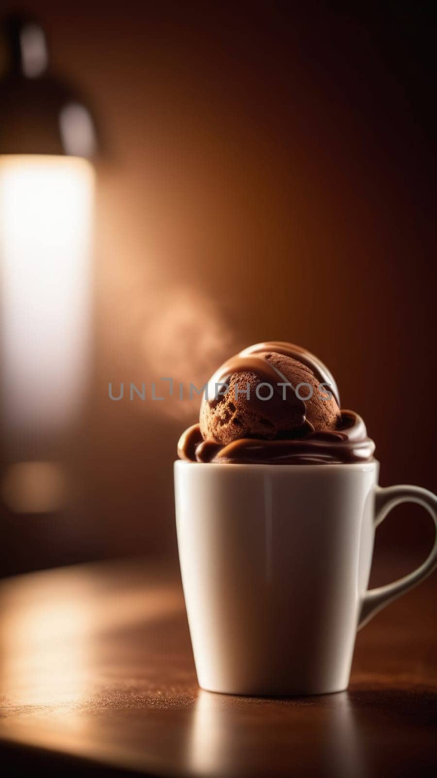 Delicious cup of ice cream sits on table in front of window, basking in natural light. For advertising, banner, relaxation, lifestyle, menu, food, dessert, culinary or cafe themed content. Copy space