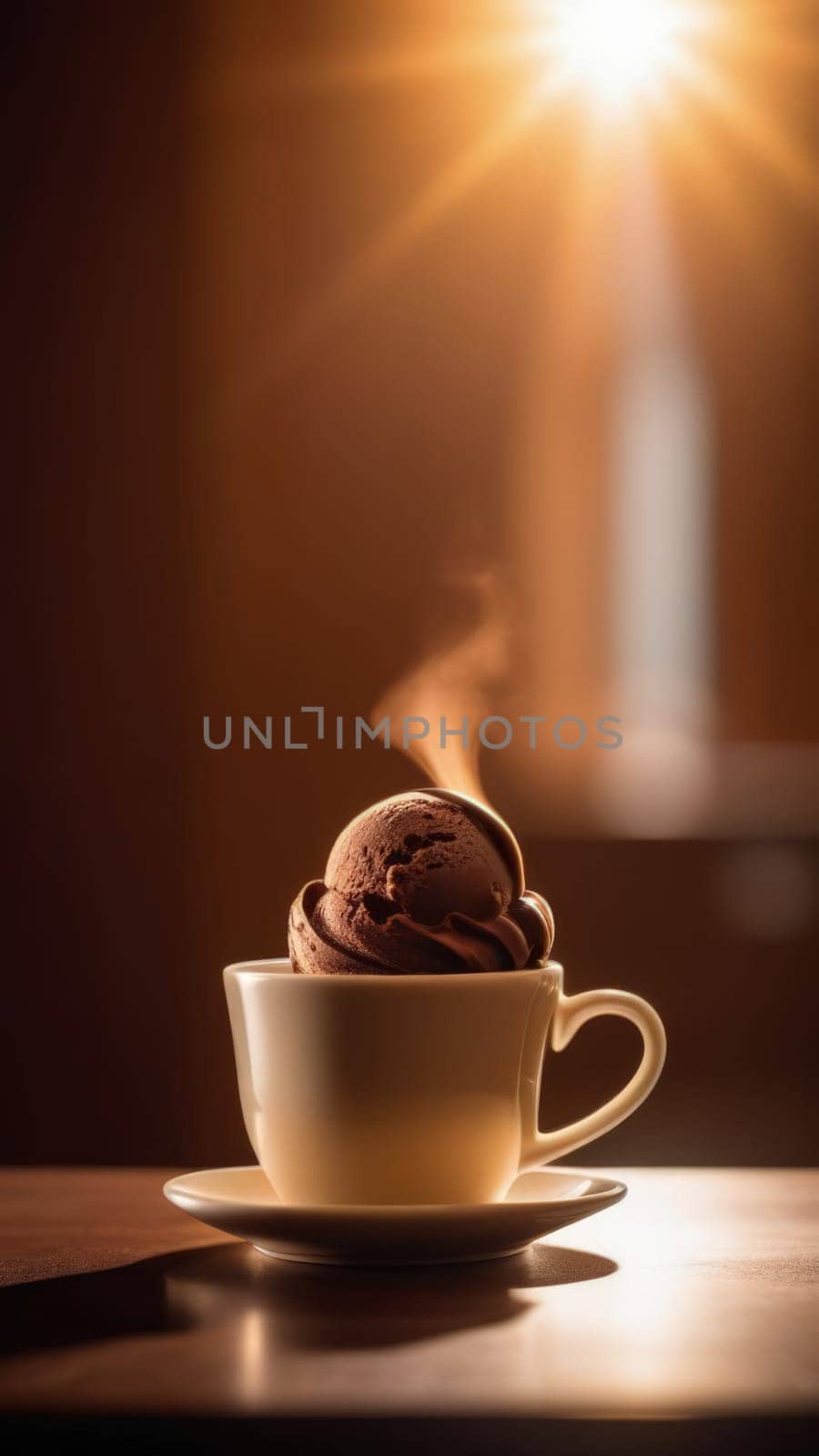 Delicious cup of ice cream sits on table in front of window, basking in natural light. For advertising, banner, relaxation, lifestyle, menu, food, dessert, culinary or cafe themed content. Copy space