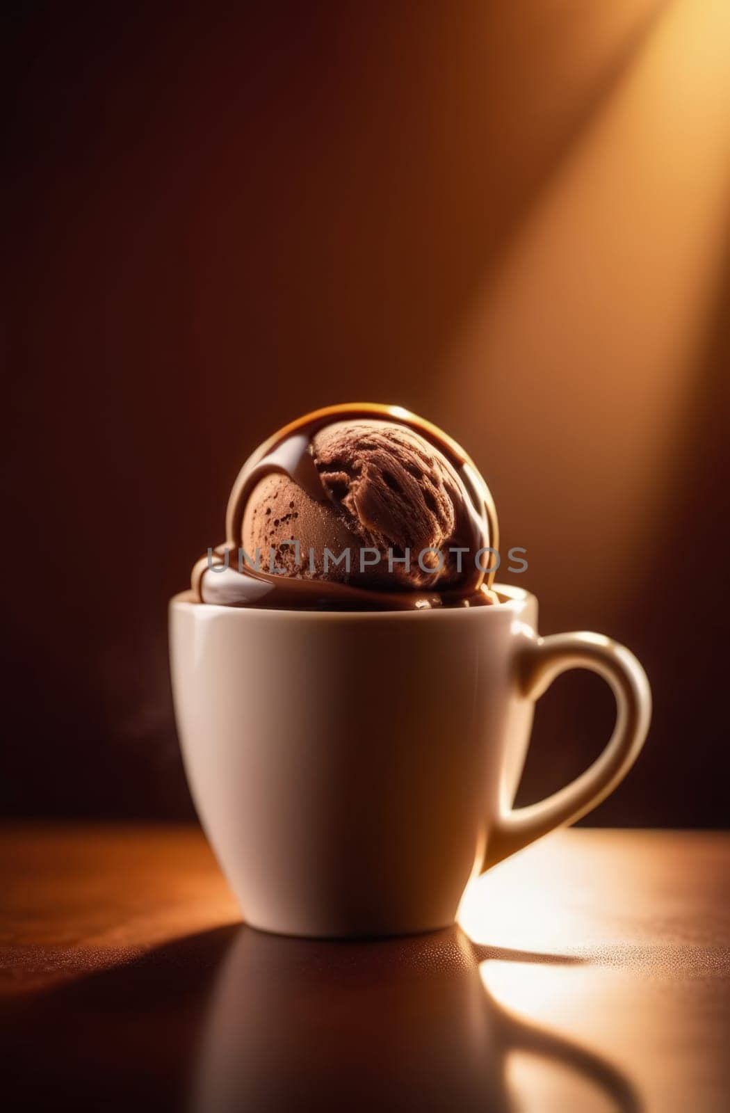 Delicious cup of ice cream sits on table in front of window, basking in natural light. For advertising, banner, relaxation, lifestyle, menu, food, dessert, culinary or cafe themed content. Copy space