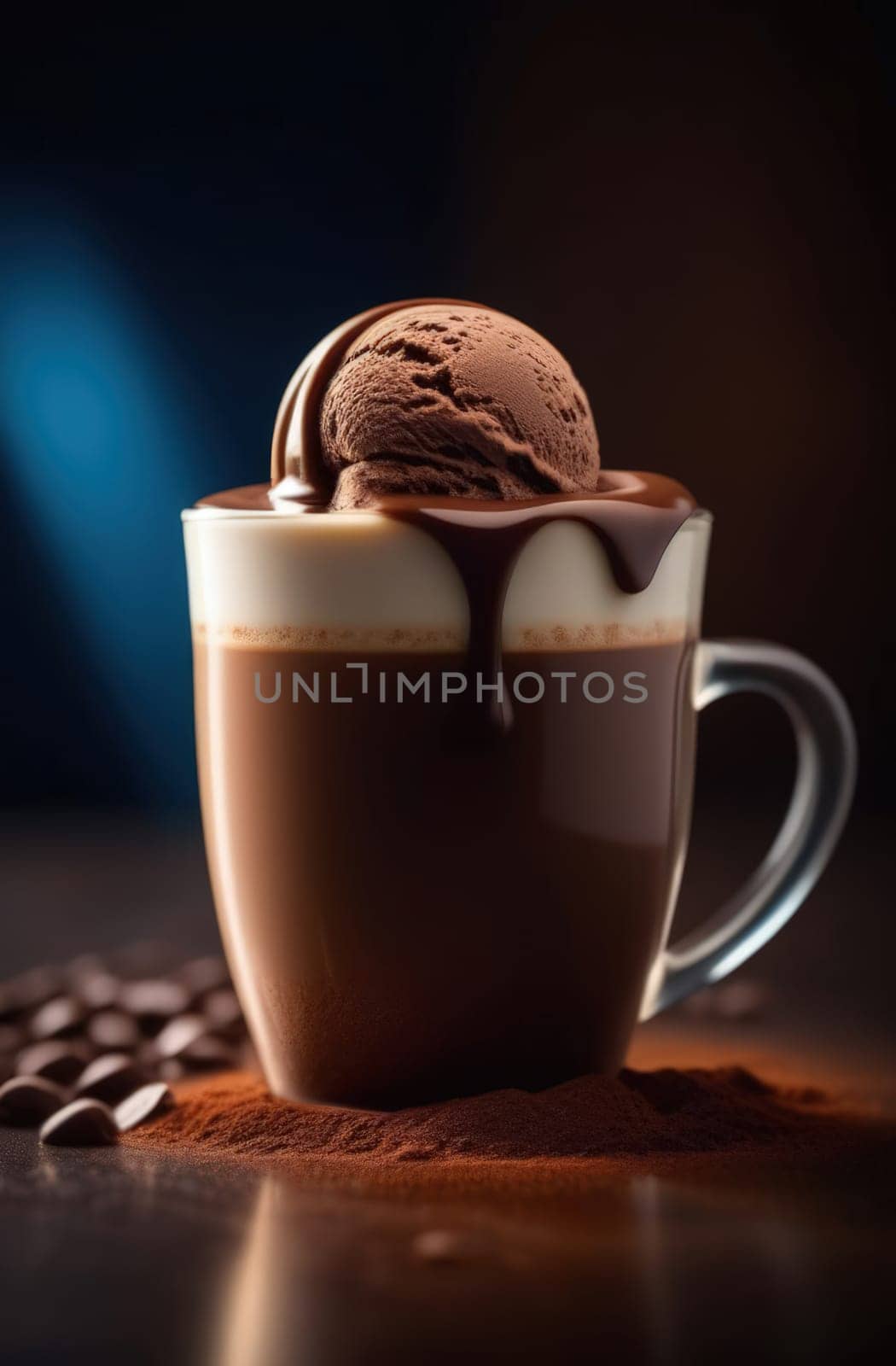 Delicious cup of ice cream sits on table in front of window, basking in natural light. For advertising, banner, relaxation, lifestyle, menu, food, dessert, culinary or cafe themed content. Copy space