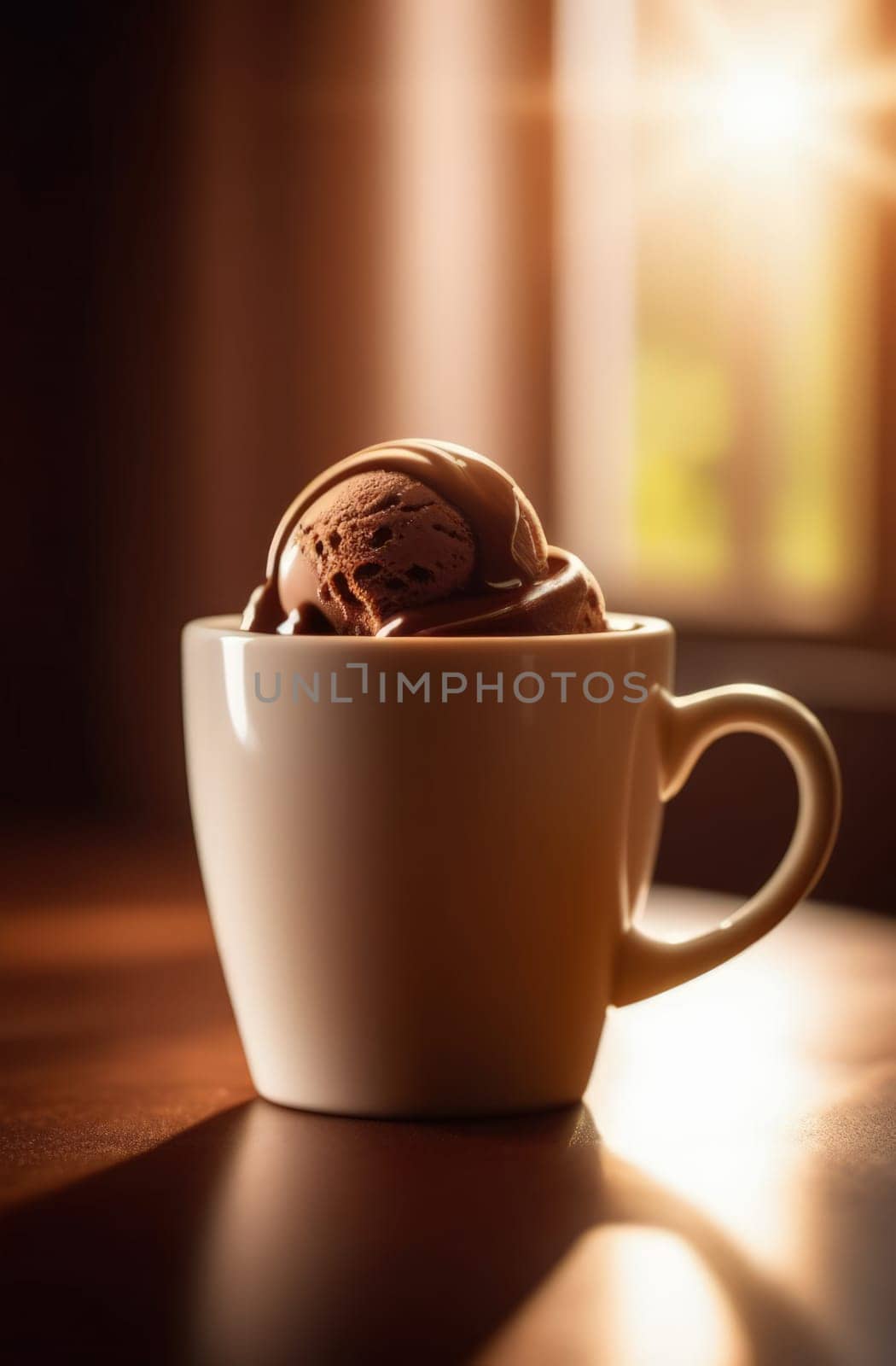 Creamy treat promises moment of sweet indulgence against backdrop of serene outdoor views. For advertising, banner, relaxation, lifestyle, menu, dessert, culinary or cafe themed content. Copy space