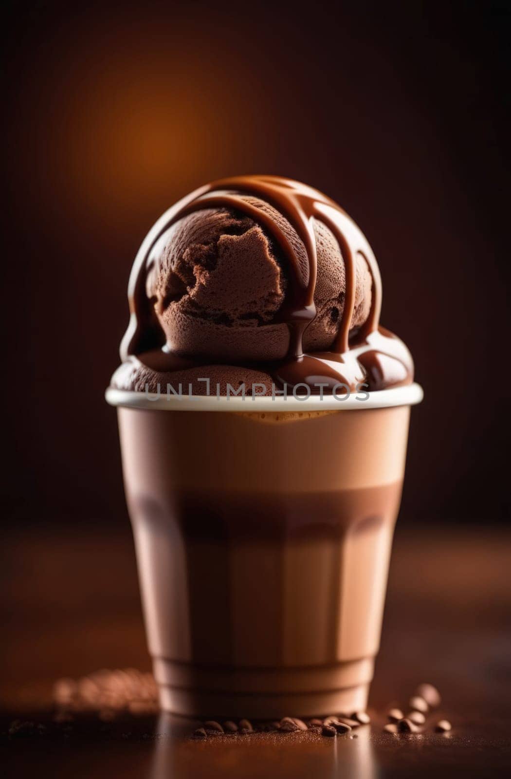 Cup of coffee topped with creamy ice cream and decadent chocolate, set against dark background. For advertising, banner, relaxation, lifestyle, menu, dessert, culinary cafe themed content. Copy space