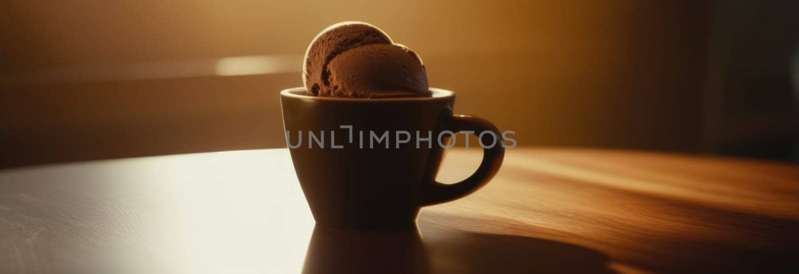 Delicious cup of ice cream sits on table in front of window, basking in natural light. For advertising, banner, relaxation, lifestyle, menu, food, dessert, culinary or cafe themed content. Copy space