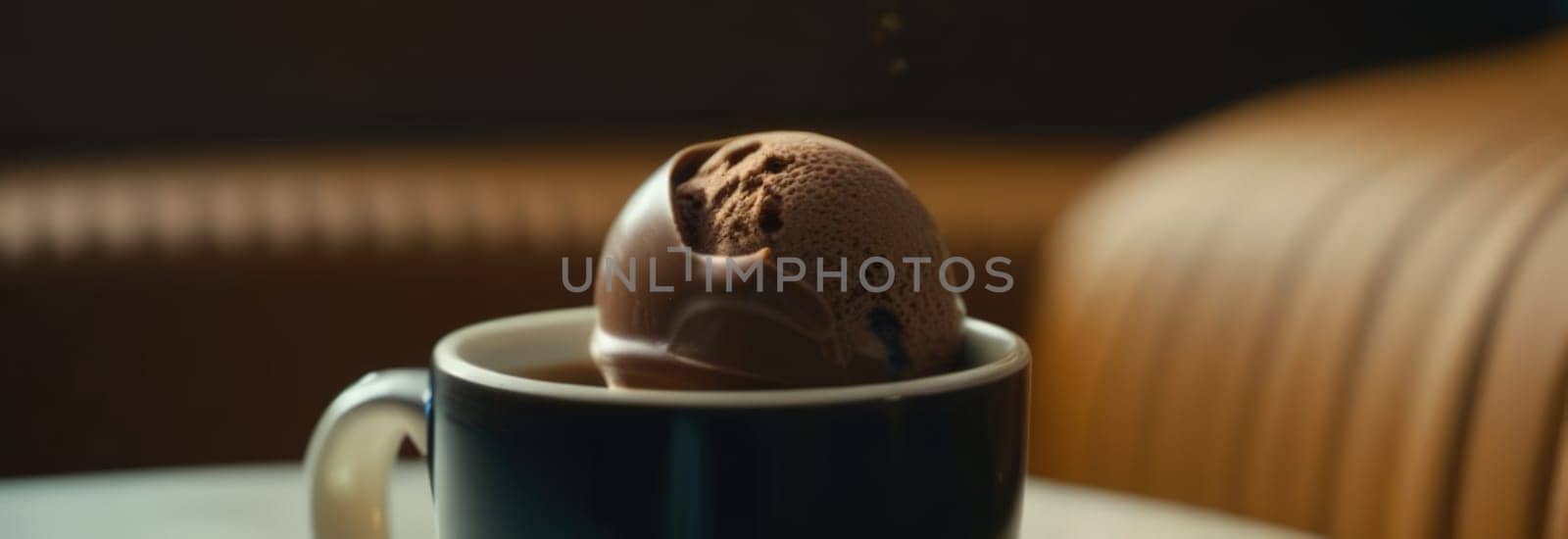 Combines elements of coffee cup, ice cream, chocolate creating visually appealing luxurious image against dark backdrop. For advertising, banner, menu, dessert, cafe themed content. Copy space