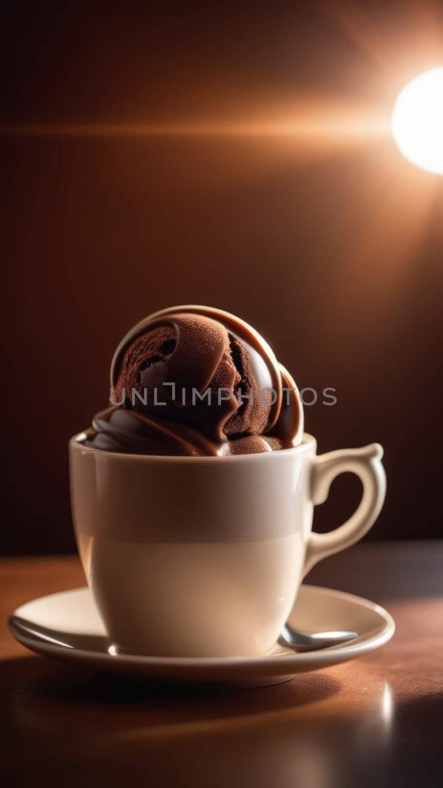 Delicious cup of ice cream sits on table in front of window, basking in natural light. For advertising, banner, relaxation, lifestyle, menu, food, dessert, culinary or cafe themed content. Copy space