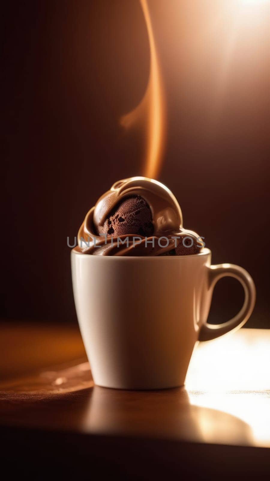 Cup of coffee topped with creamy ice cream and decadent chocolate, set against dark background. For advertising, banner, relaxation, lifestyle, menu, dessert, culinary cafe themed content. Copy space