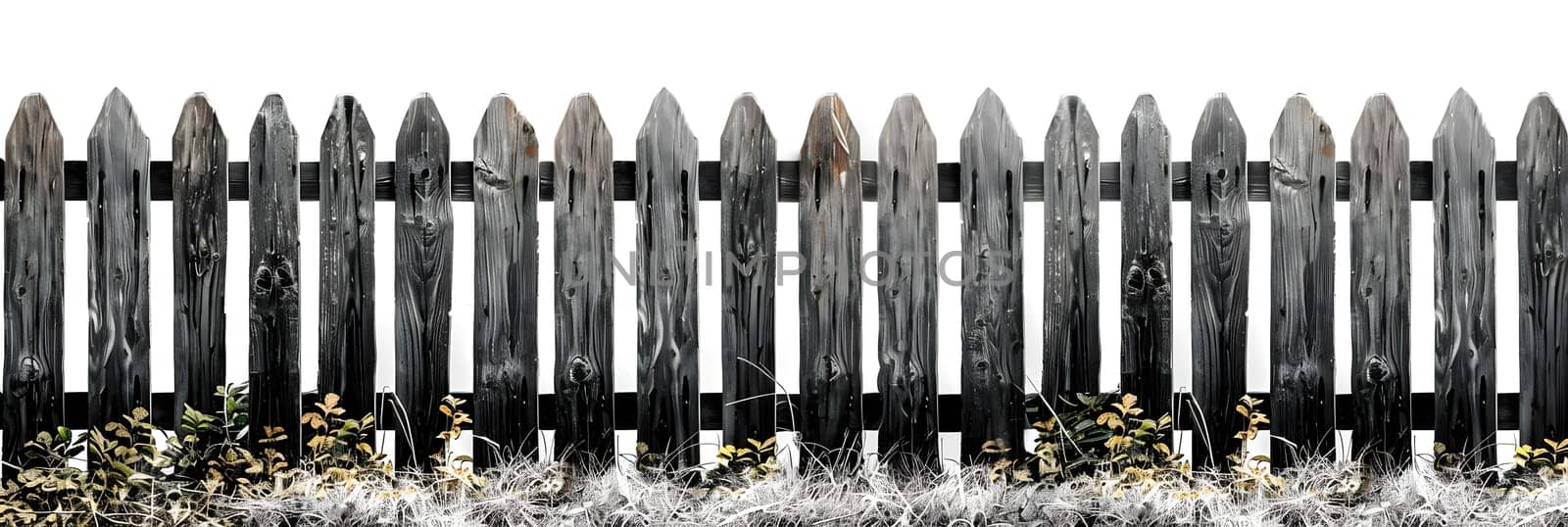 A monochromatic image showcasing a wooden picket fence, highlighting the symmetry and classic allure of the timeless tool