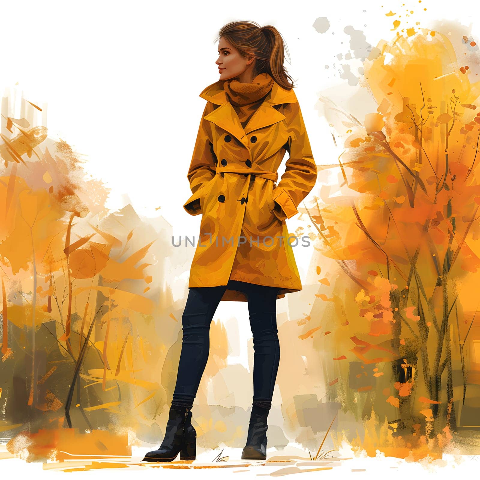 A woman in a bright yellow trench coat is surrounded by trees and grass, basking in the sunlight. The scene is so happy and colorful, it looks like a painting with vibrant tints and shades of orange