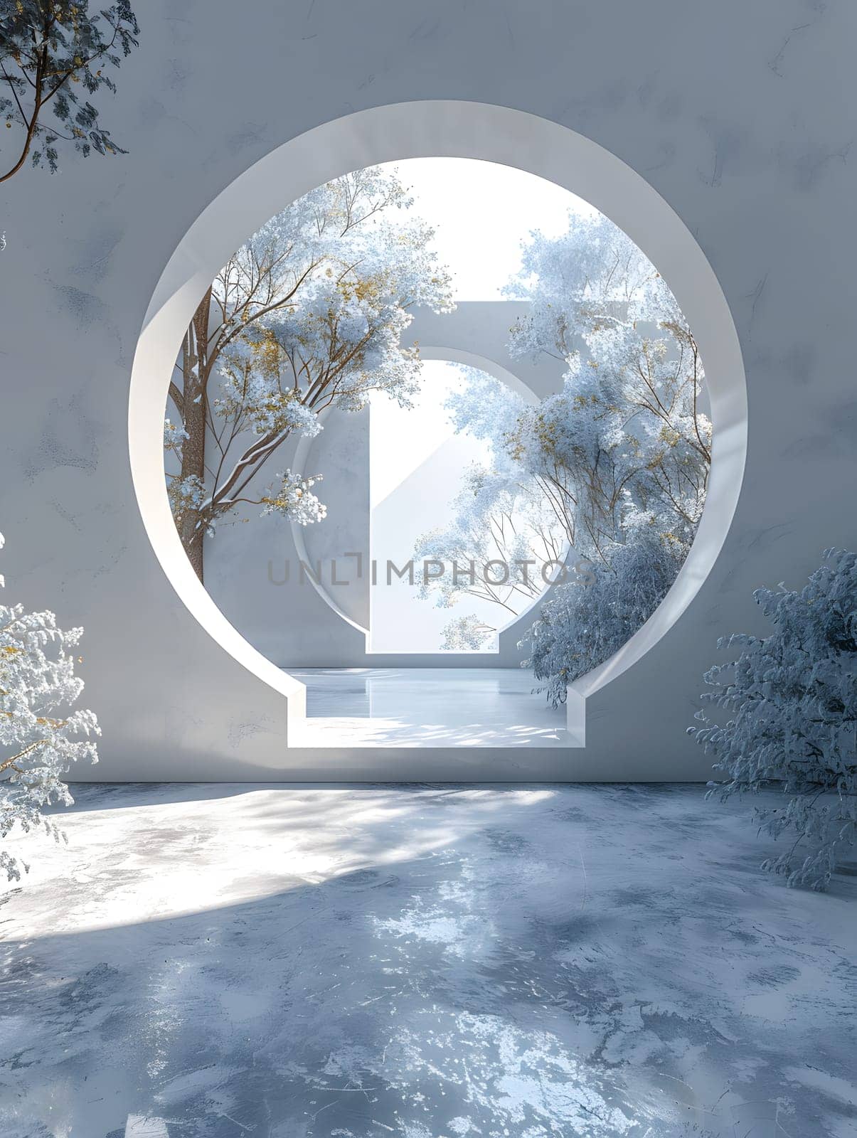 A room with a circular window overlooking snowy trees, creating a serene atmosphere. The reflection of the astronomical objects in the glass adds to the magical world outside