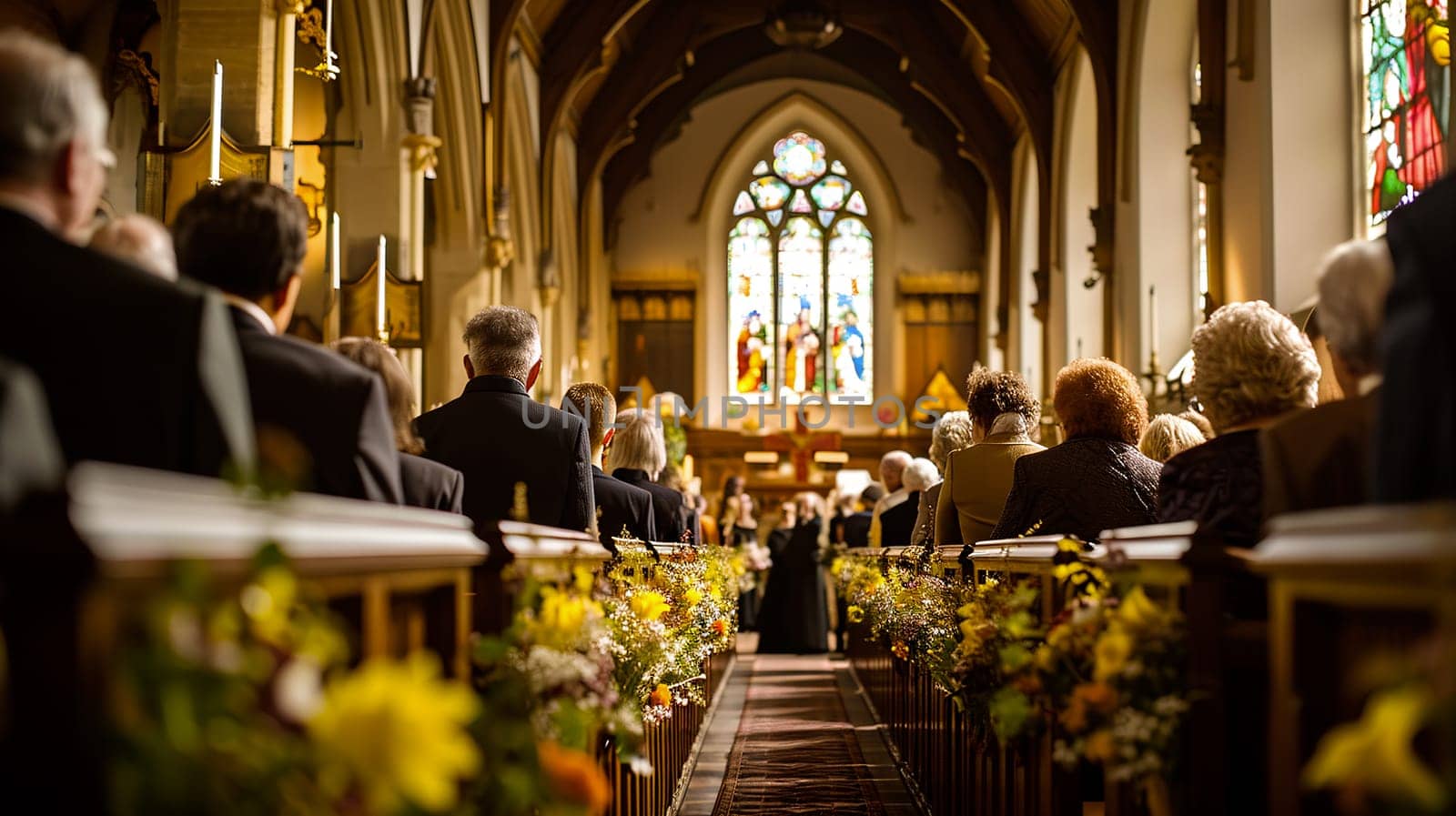 Guests seated in a church, adorned with flowers, witness the solemnity and grace of a traditional religious ceremony - Generative AI