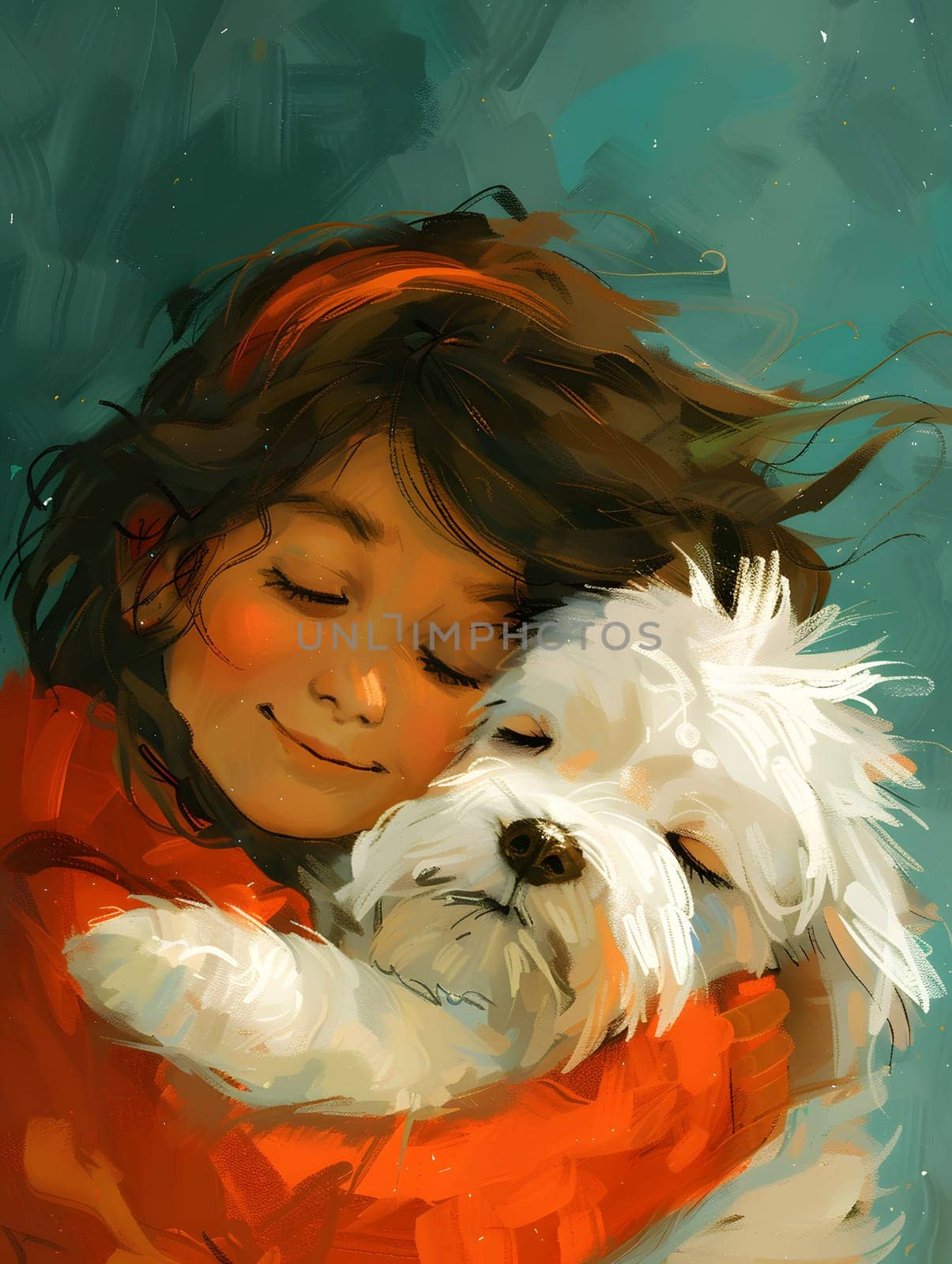 A small terrier is being hugged by a little girl, both with happy smiles by Nadtochiy