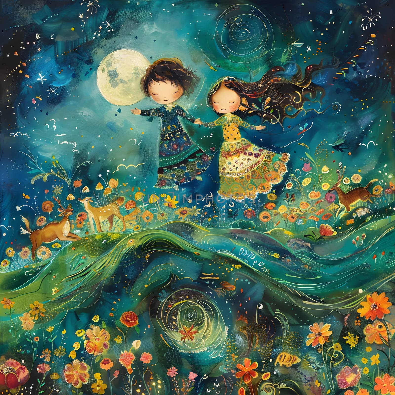 A mesmerizing painting of a boy and a girl crossing a river at night, the aqua reflecting the stars above, creating a mythical scene of enchantment