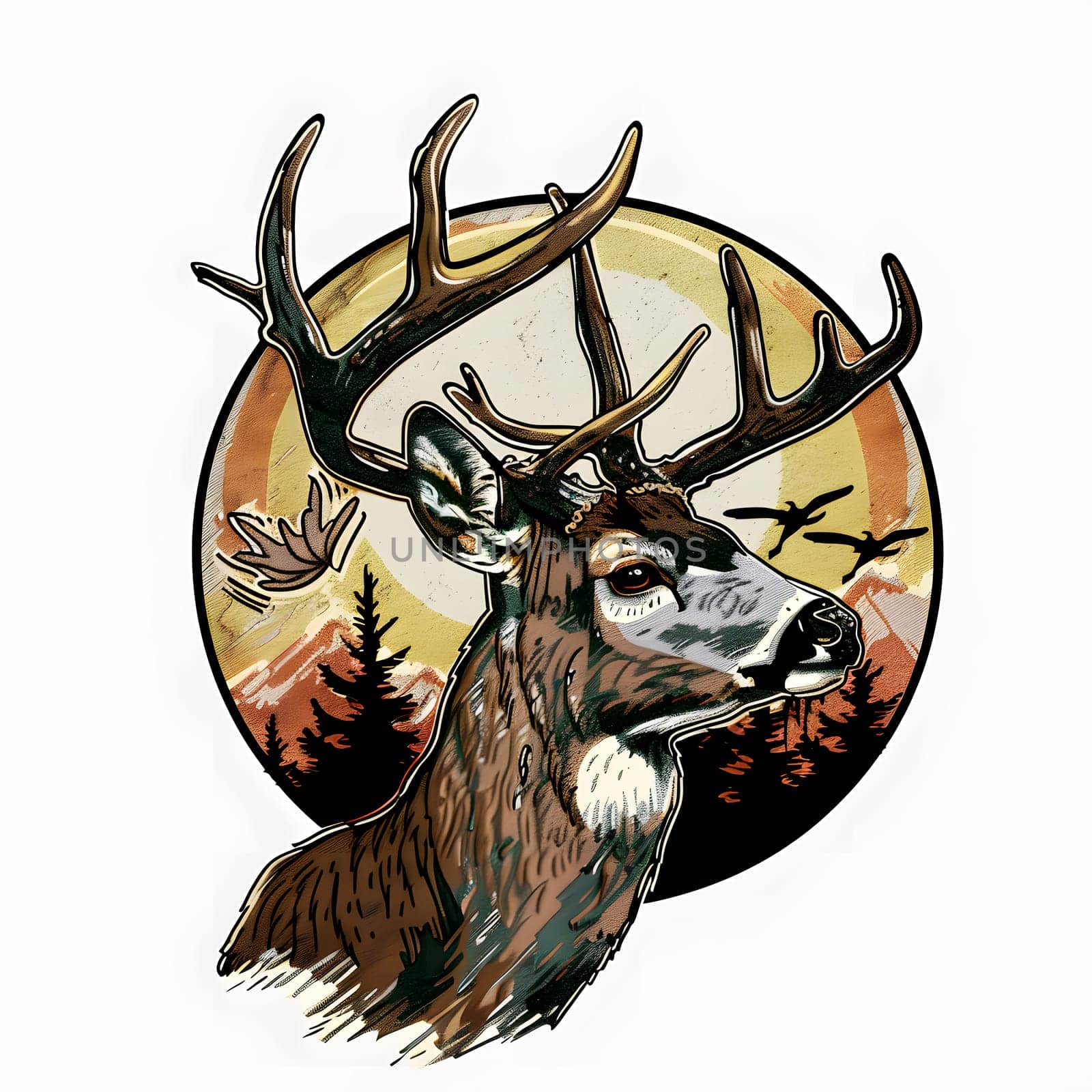 A majestic elk with antlers is depicted in a circle, set against a backdrop of mountains. The artwork showcases the beauty of nature and wildlife