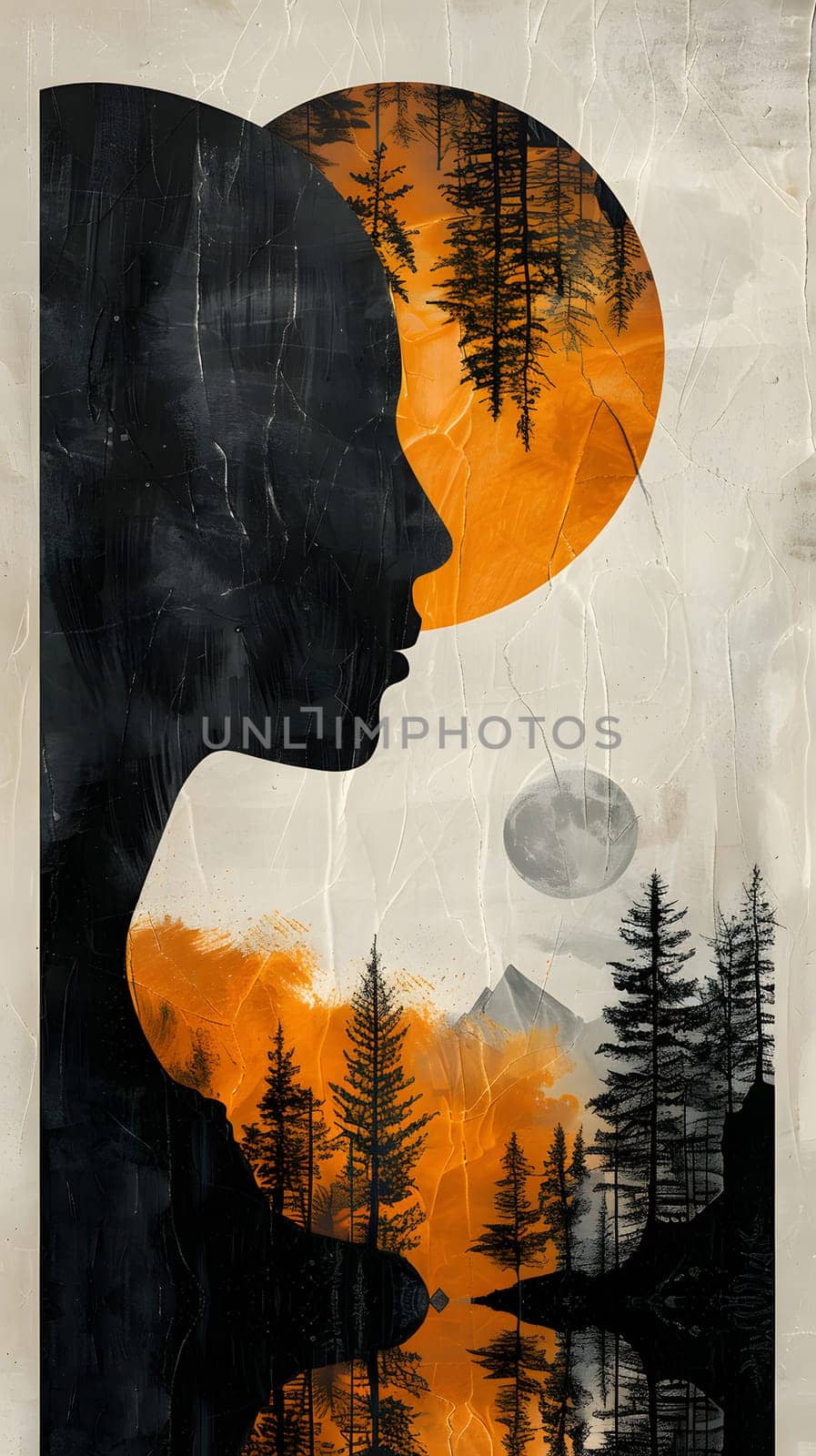 An exquisite painting depicting a womans face surrounded by trees and mountains. The artist used a stunning combination of colors and shapes to create a captivating landscape illustration