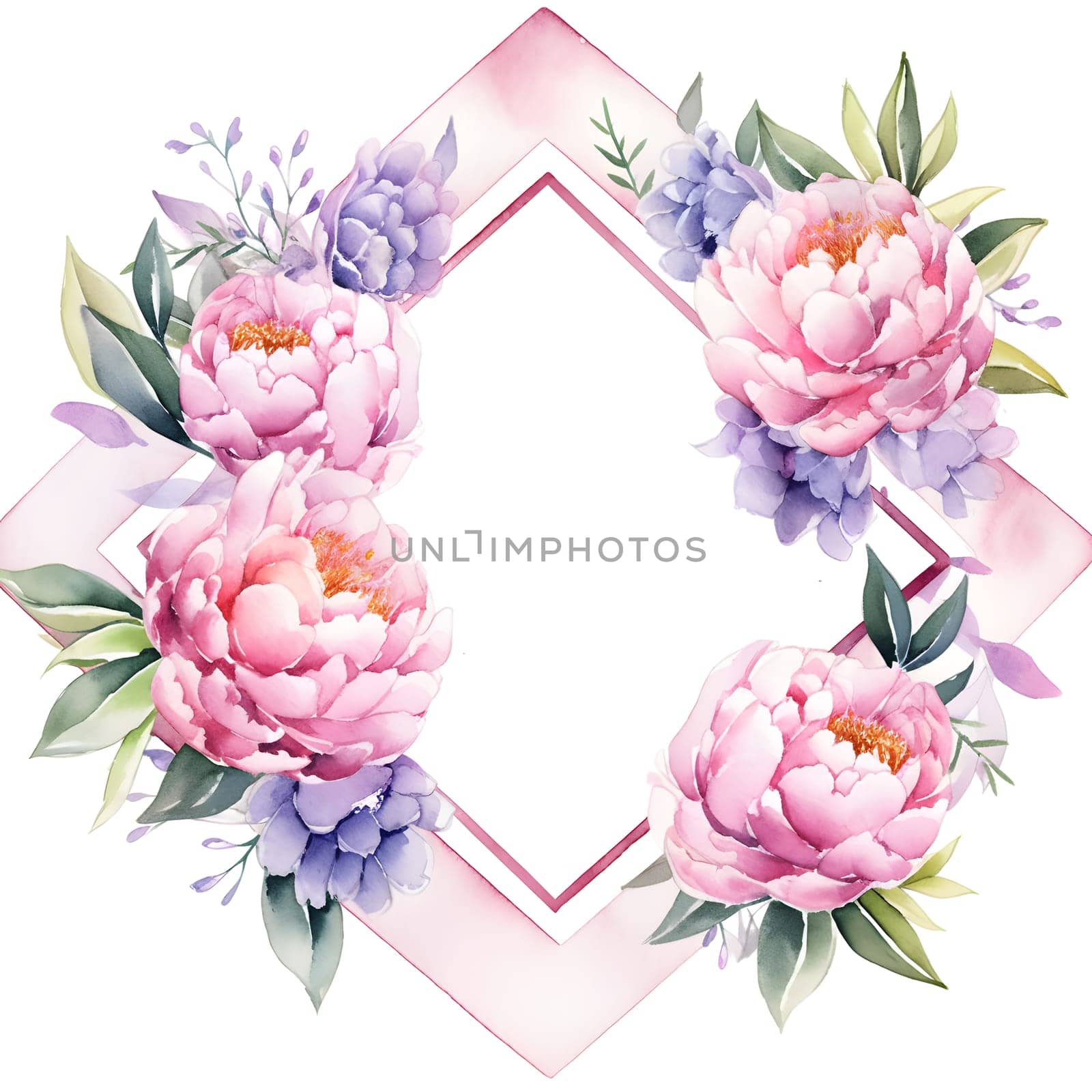 Creative arts frame with pink flowers and green leaves on a white background by Nadtochiy