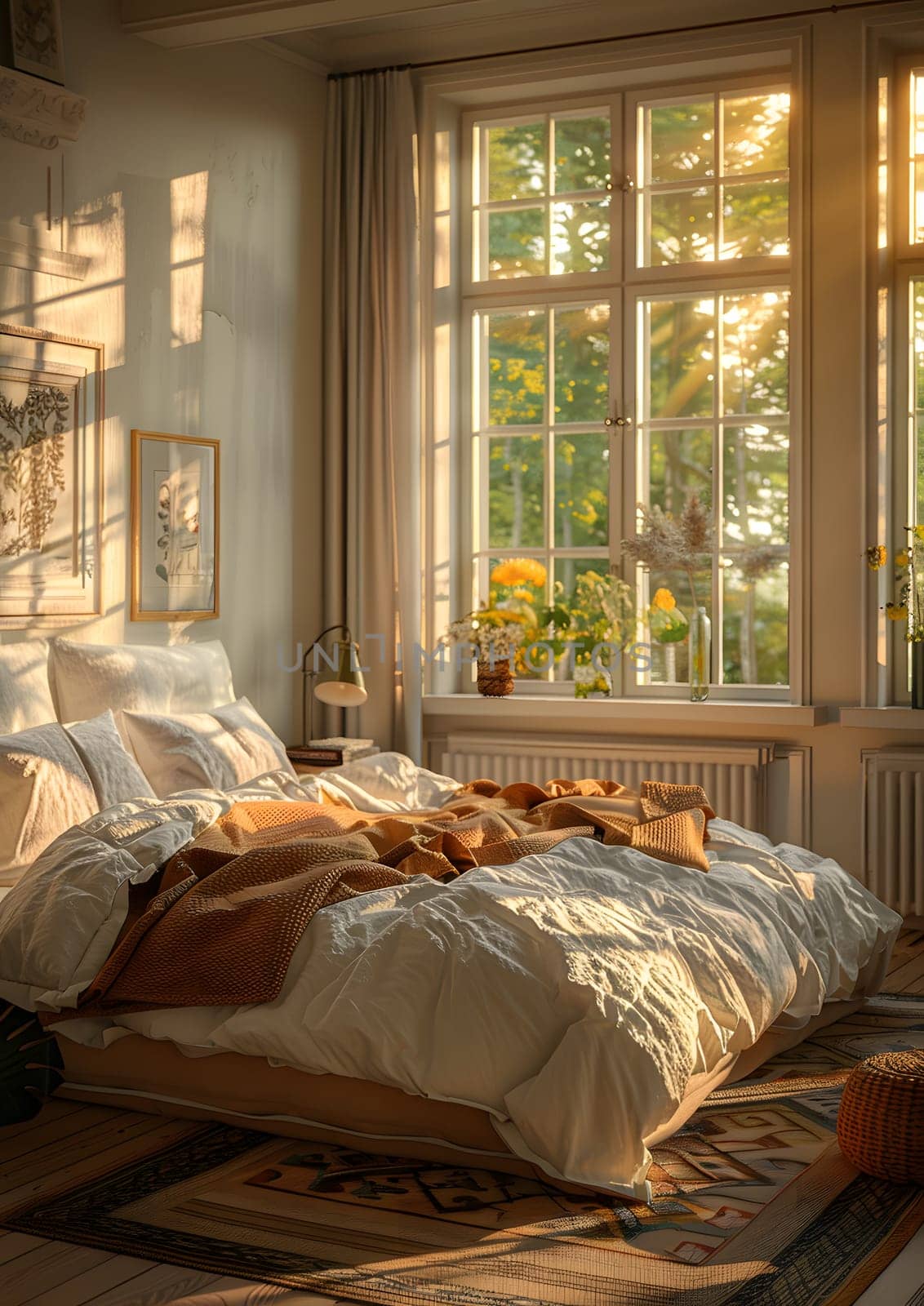 A bedroom with hardwood flooring, a bed, and a window letting in the suns rays by Nadtochiy