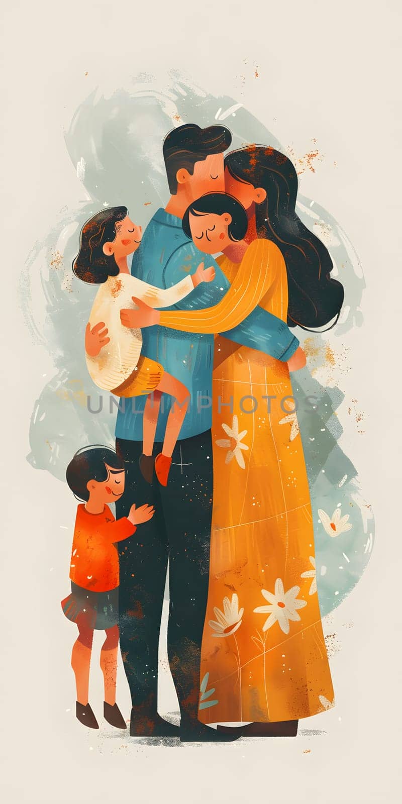 An artist captured the heartwarming moment of a happy family hugging each other in a beautiful painting, showcasing their love and connection