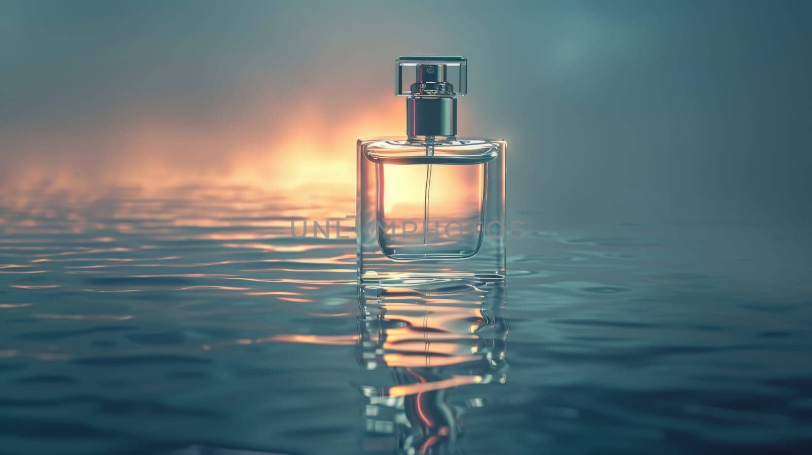 Product mockup photography, bottle of Perfume and white color background simple lighting in water.