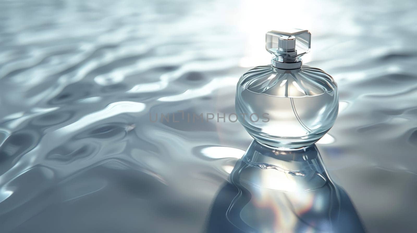 Product mockup photography, bottle of Perfume and white color background simple lighting in water.