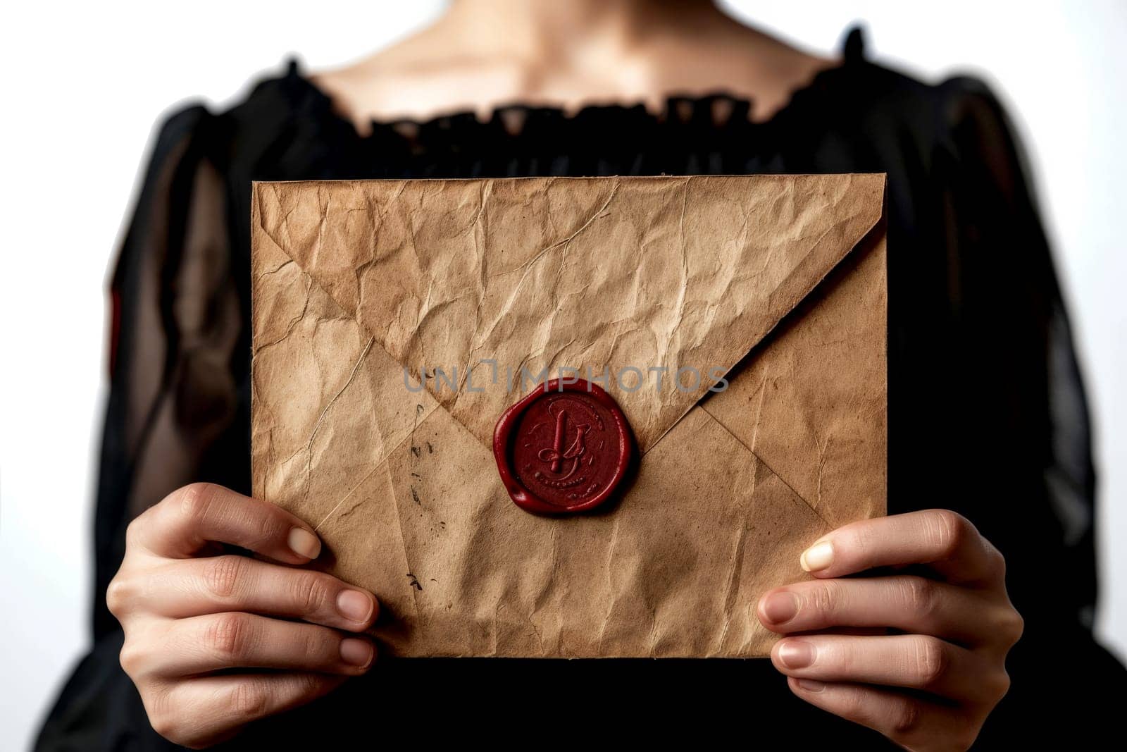 hand woman hold Old envelope with wax seal.ai generative by matamnad