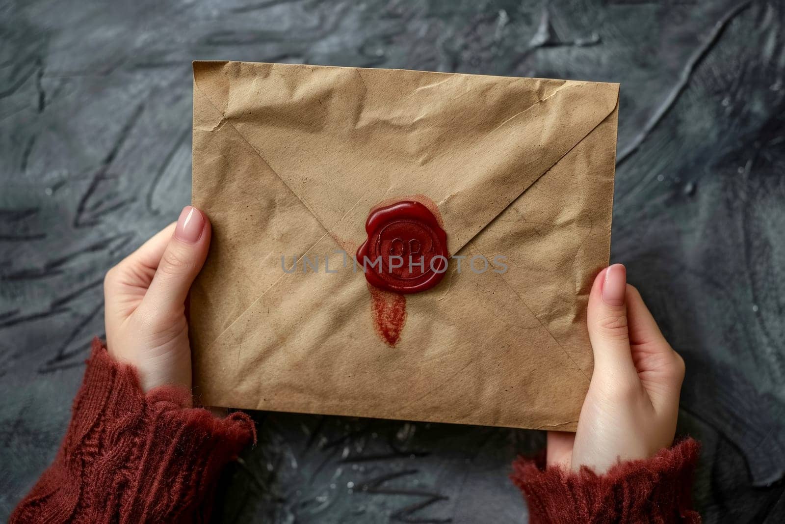 hand woman hold Old envelope with wax seal.ai generative.