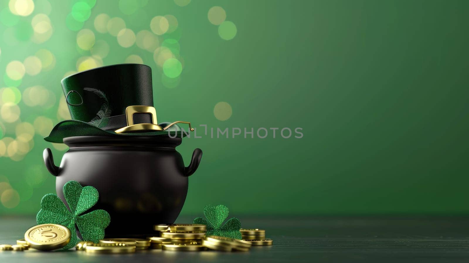 Pot of gold coins with clover leaves on green background. St. Patrick's Day. Generative AI.