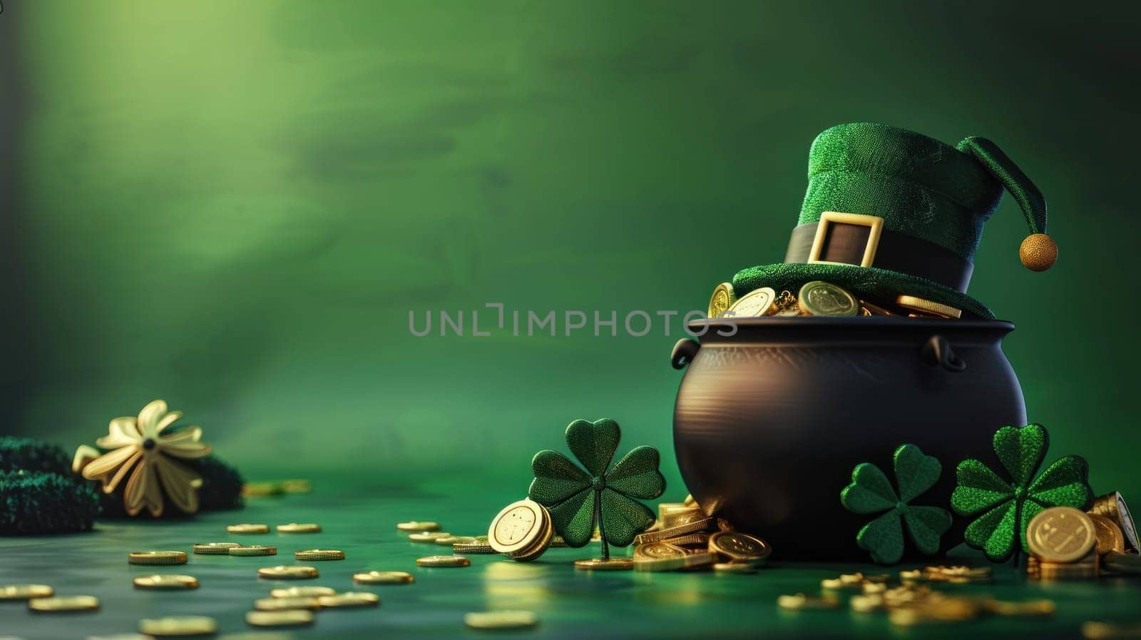 Pot of gold coins with clover leaves on green background. St. Patrick's Day. Generative AI by golfmerrymaker